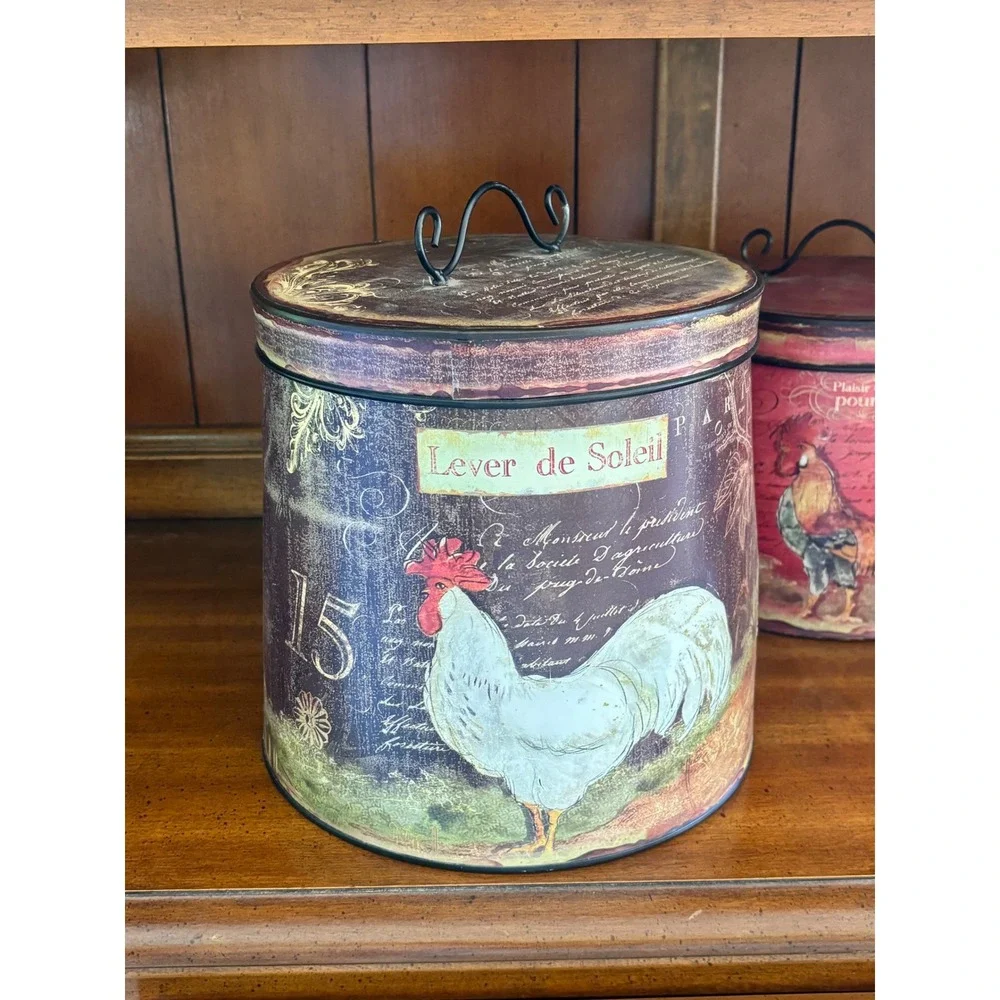 Antique Farmhouse French Country Rooster Canister Set 3 piece kitchen cookware - Picture 3 of 10